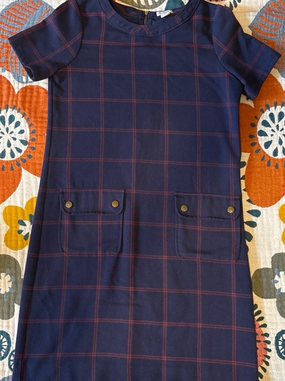 J. Crew Navy Shift Dress with Burgundy Windowpane